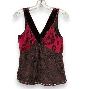 Vintage Y2K Tank Top Patchwork Velvet Lace Silk Brown Small